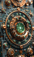 Obraz na płótnie Canvas Intricate steampunk gears with green jewel accents