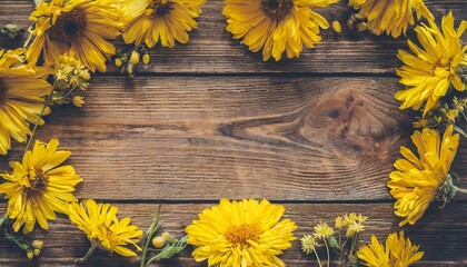 dry yellow flowers forming a frame on a vintage wooden background retro style with copy space in the center for your text