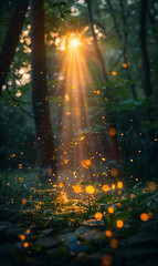 Sunbeams and fireflies in a magical forest