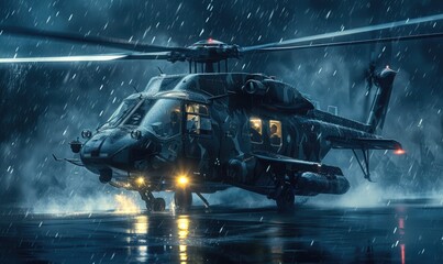 An armored helicopter in the night