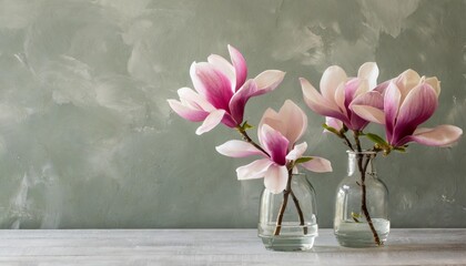 still life of pink magnolia flowers in small glass vases isolated to the right side of the frame leaving open space for copy and text table top frontal view washed paint wall background