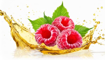 raspberries in juice splash isolated on a white background