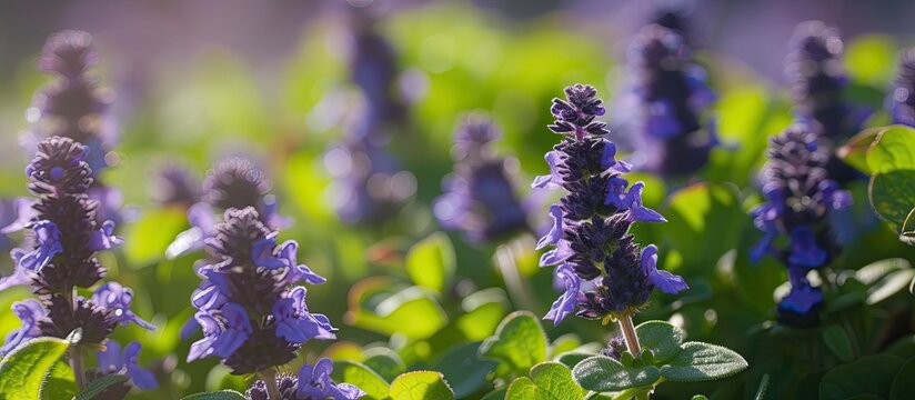 A field of Ajuga pyramidalis Purple Crispa, a ground cover plant with purple flowers and green leaves, under bright sunlight.