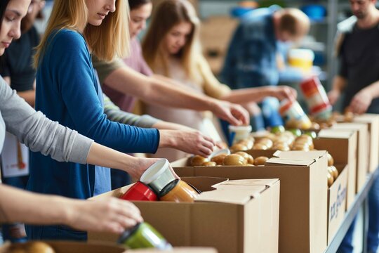 Volunteers sorting donations at food bank, embodying community spirit and aid