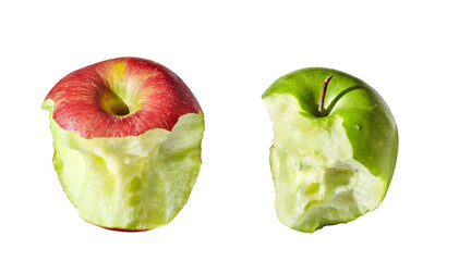 Bitten red and green apples on white background