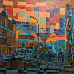 Geometric painting yellow, red, blue, grey, green, violet colors. Kyiv, Ukraine. Abstract View on the city. Ukrainian architecture, acrylic on canvas painting created by artist. 