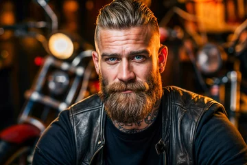 Papier Peint photo autocollant Moto Confident Bearded Biker in Leather Jacket with Intense Gaze at Motorcycle Garage