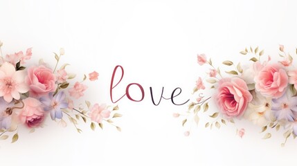 Charming card adorned with flowers, "Love" script, great for valentines. Valentine's day, wedding card, greeting card.