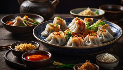 A richly vibrant platter of Chinese cuisine,  steaming dumplings filled with savory meat, crispy spring rolls bursting with vegetables.