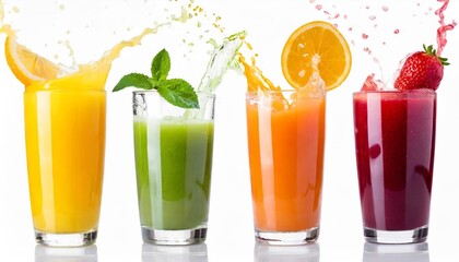 fresh fruit juices splashing from glasses on white background set