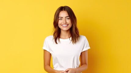 A wide shot of woman, 22 years old, wearing white shirt and blue pants, with smiling and excited facial expression, on yellow background, design t-shirt template, printed presentation template - obrazy, fototapety, plakaty