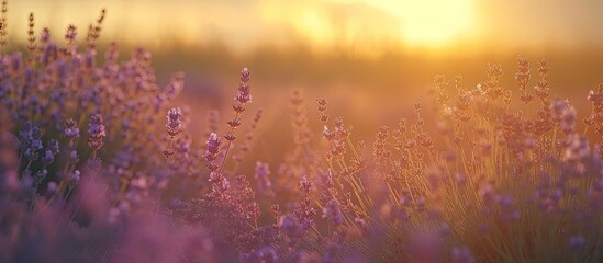 A field filled with blooming purple flowers under the bright sun, creating a vibrant and colorful...
