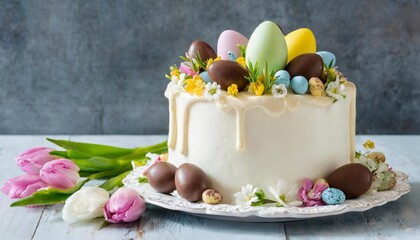 white cake decorated with chocolate easter eggs and spring flowers banner
