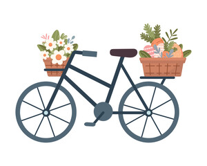 Fototapeta na wymiar Bicycle with baskets with Easter eggs and spring flowers isolated on white background. Easter element. Vector illustration. Flat cute style.