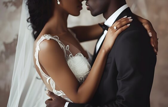 Portrait of happy African American couple holding hands during wedding, marriage photography concept, flowers, bouquet, white colors banner wallpaper