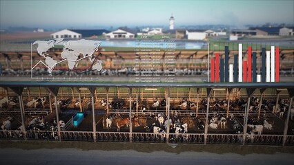 Agritech data charts overlay a modern dairy farm, tracking cattle and productivity. 3D Graphics of graphs and data analytics. Aerial