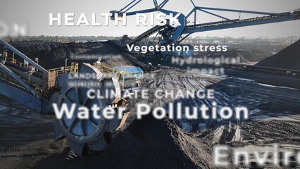 Text of pollution, health risks, and CO2 emissions related to climate change and fossil fuels at Coal mining site with Heavy machinery. 3D Graphic render
