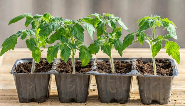 side view of a pack of four tomato seedlings solanum lycopersicum or lycopersicon esculentum ready to be transplanted into a home garden isolated