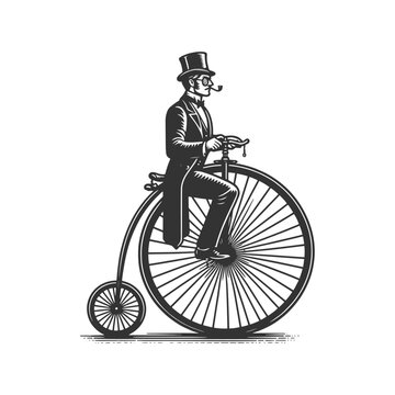 old fashioned gentleman ride high wheel vintage penny farthing bicycle sketch engraving generative ai fictional character vector illustration. Scratch board imitation. Black and white image.