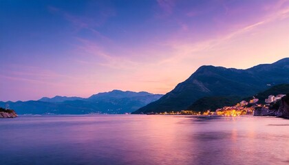 very peri sunset on the sea among the beautiful mountains the adriatic sea montenegro