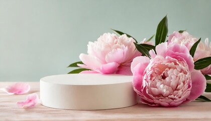 Obraz na płótnie Canvas product podium with pink peonies in spring pastel colors for product presentation mockup for branding packaging