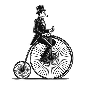 old fashioned gentleman ride high wheel vintage penny farthing bicycle sketch engraving generative ai fictional character vector illustration. Scratch board imitation. Black and white image.