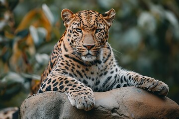 Fototapeta premium African leopard resting on rock hidden in bush. Wildlife scene