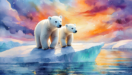 Deux bébés ours polaire blanc sur un iceberg en arctique en aquarelle - obrazy, fototapety, plakaty