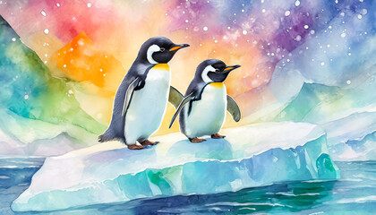 Deux bébés pingoins sur un iceberg en arctique en aquarelle