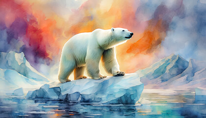 Ours polaire blanc sur un iceberg en arctique en aquarelle