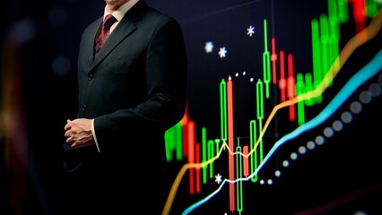 business person with graph trading chart with candle bars in red and green sell and buy