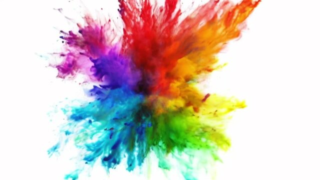 Colorful powder explosion in vibrant spectrum of rainbow colors on white background