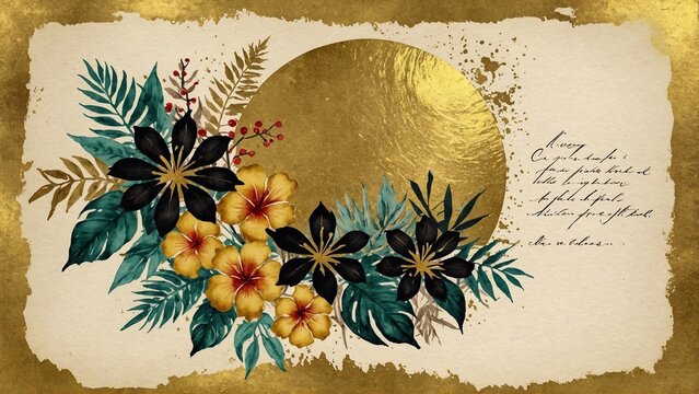 watercolor tropical flowers on golden background with frame and copy space