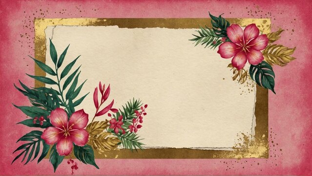 vintage pink background with frame and watercolour flowers, space for text