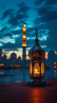 Arabic lantern in front of mosque at sunset. Ramadan Kareem background