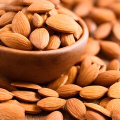 Almond nuts in a wooden bowl on a wooden background. Selective focus.