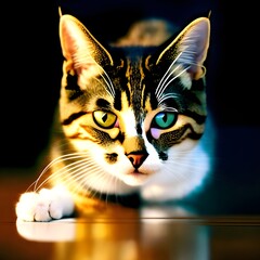 Portrait of a cat with yellow and green eyes and a black background, Multi colored eyes