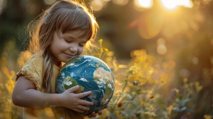tender moment when a girl hugs a planet earth generative ai