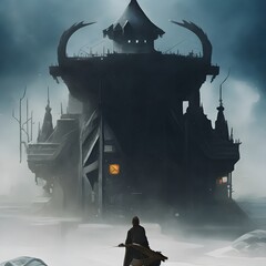 Mysterious temple in the fog. Fantasy world. 3D rendering