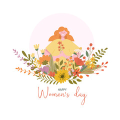 International Women's Day flyer. Banner for March 8 sale with floral decor and group of female character. Flat vector illustration.	