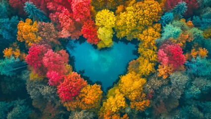 Aerial view of autumn trees arranged in a heart shape surrounding the water.