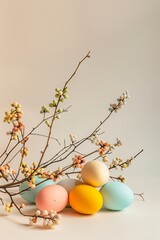 Poster and banner template with decorated eggs on a plain concrete background with a blooming spring twig. Festive egg hunt. Layout design for invitation, card, menu, flyer, banner, poster. Film grain
