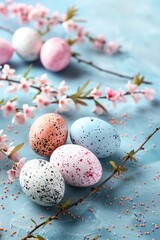 Poster and banner template with decorated eggs on a plain blue concrete background with a blooming spring twig. Festive egg hunt. Layout design for invitation, card, menu, flyer, banner, poster.