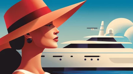 Gordijnen Portrait of a beautiful woman in a hat in summer on a sea trip on vacation. Retro style © CaptainMCity