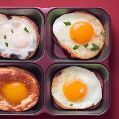 Fried eggs in a box on a red background. View from above