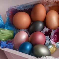 Easter eggs in a carton box on a white background.