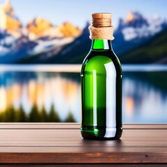 Bottle with green liquid on a wooden table against the background of mountains