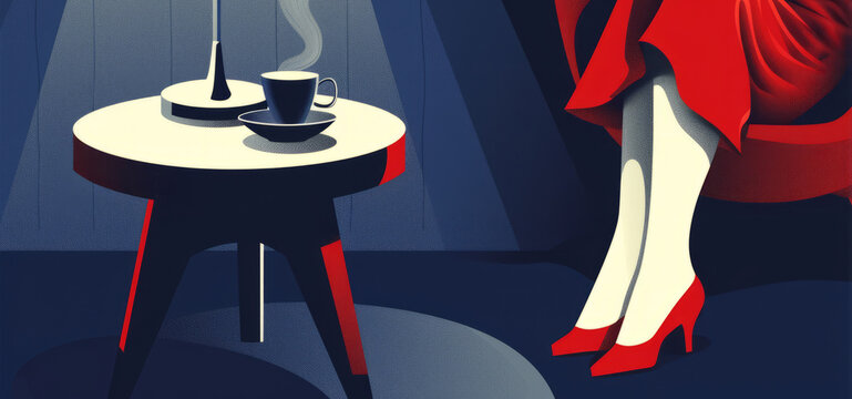 Retro illustration of a woman in a red dress and red shoes sitting on a chair and drinking coffee or another hot drink
