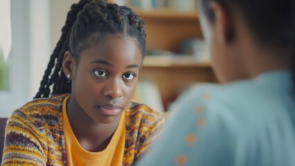 An African female school psychologist provides unwavering support to a saddened teenage girl as she navigates through a challenging situation at school, offering solace and guidance during her time of