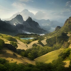 Beautiful mountain landscape with lake and forest in the morning light.